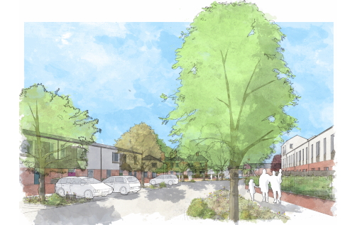 This image: Watercolour sketch of how the new homes may look when
							 viewed from the proposed new central road. There are wide grass verges lining the street,
							 with space for off-street parking and plenty of trees.
							 The map: The map now shows a bird's eye view of the architect's sketch, detailing the proposed housing
							 layout, with retained and new trees and green verges lining the streets.
							 The porposed outdoor community space, improved footpath, proposed new crossing, and proposed central road
							 are all highlighted in different colours on the sketch. There are interactive map markers with more
							 information about the design of the streets and shared spaces, in addition to a marker which shows the
							 streetview sketch along the new central road when clicked on.